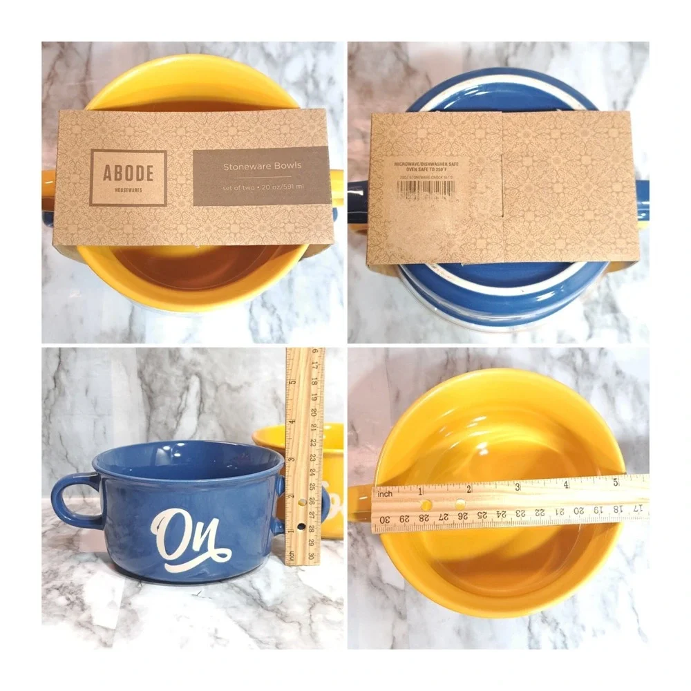 Set/2 ABODE Housewares Stoneware Bowls Yellow & Blue Soup's‎ On 20 oz